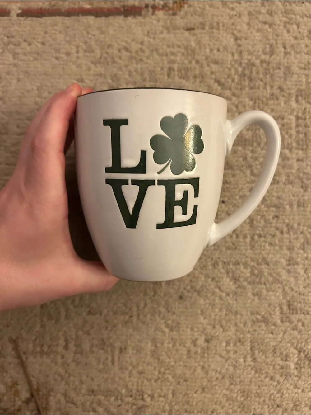 Spectrum Designz White “Love” Mug W/ Green Shamrock Detail